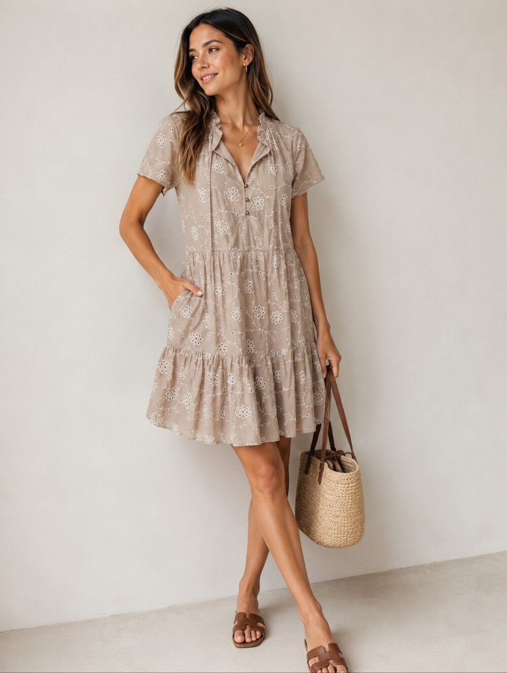 Joie Beige Eyelet Tiered Mini Dress L